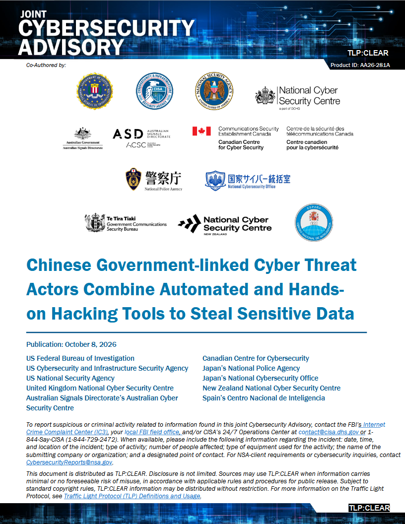 Titelseite der CISA Joint Cybersecurity Advisory AA26-281A, Product ID AA26-281A, TLP:CLEAR